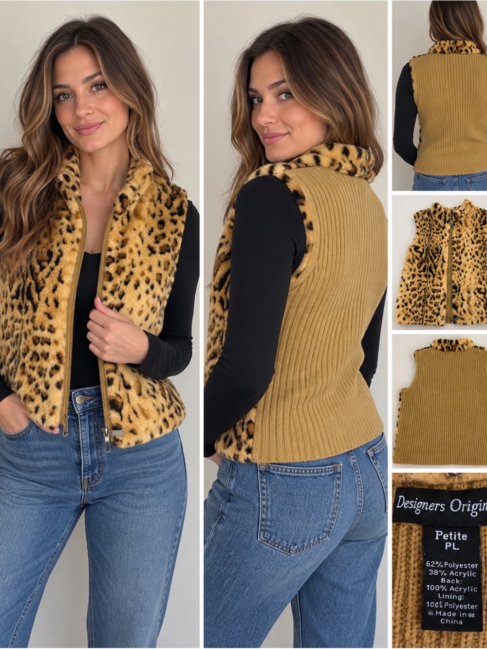 Designers Originals Vintage Leopard Faux Fur Zip Vest Petite PL Y2K